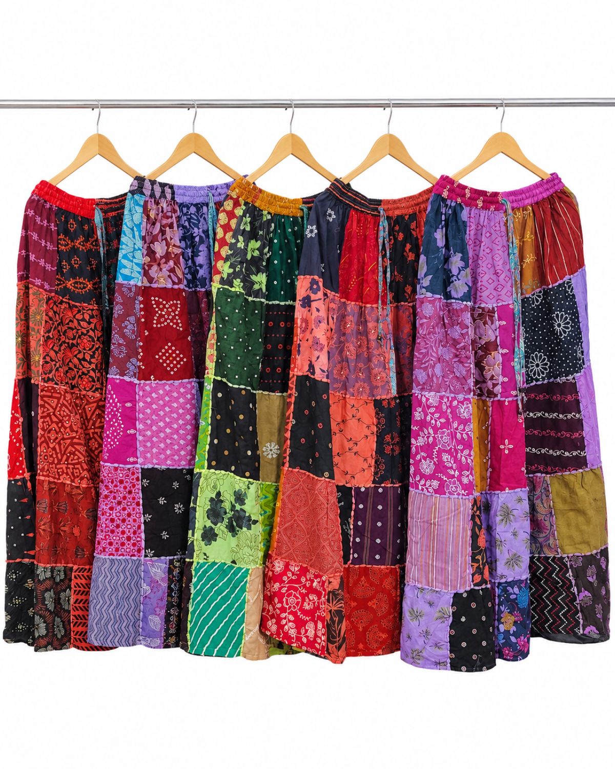 Women’s Boho Cotton Patchwork Skirt, Random Assorted Prints, Wholesale Mix Lot, Long Tiered Maxi Skirt