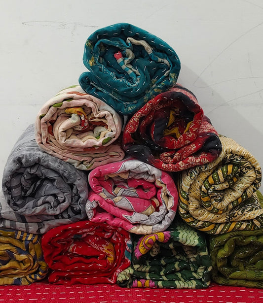 Vintage Indian Kantha Quilts 2 Layer Reversible | Wholesale Sustainable Handmade Cotton Bedsheet