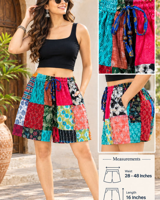 Women’s Cotton Patchwork Shorts, Boho Hippy Short Pants with Pockets, Elastic Drawstring Waist, Random Assorted Colors