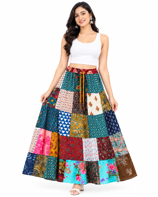 Women’s Cotton Patchwork Maxi Skirt Wholesale Mix Lot, Random Assorted Colors, Boho Long Tiered Skirt