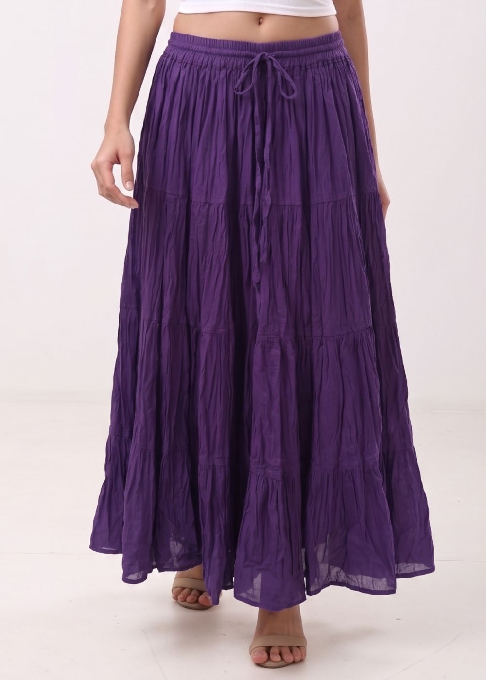 Women's 100% Cotton Tiered High Waisted 4-Tier Flowy Maxi Skirt
