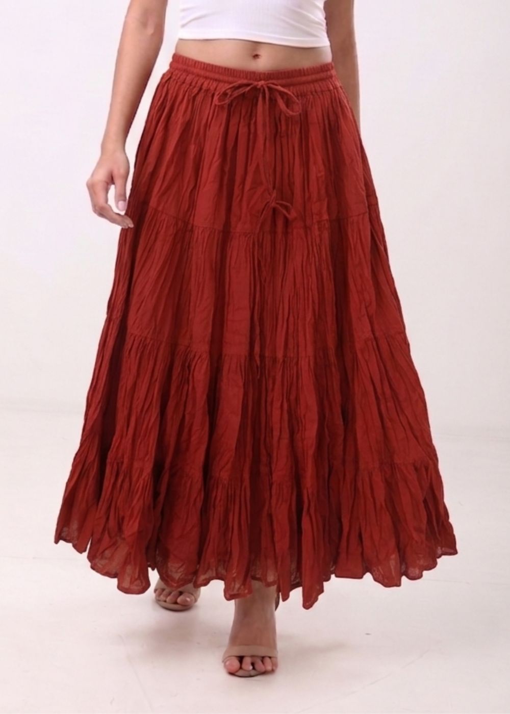 Women's 100% Cotton Tiered High Waisted 4-Tier Flowy Maxi Skirt