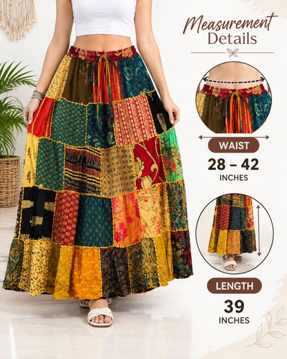 Women’s Boho Cotton Patchwork Skirt, Random Assorted Prints, Wholesale Mix Lot, Long Tiered Maxi Skirt