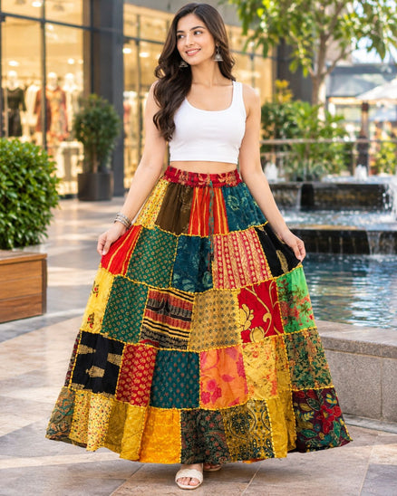 Women’s Boho Cotton Patchwork Skirt, Random Assorted Prints, Wholesale Mix Lot, Long Tiered Maxi Skirt