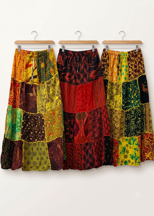 Women's Boho Patchwork Maxi Skirt | Long Rayon Skirt | Random Assorted Colors | Wholesale Lot