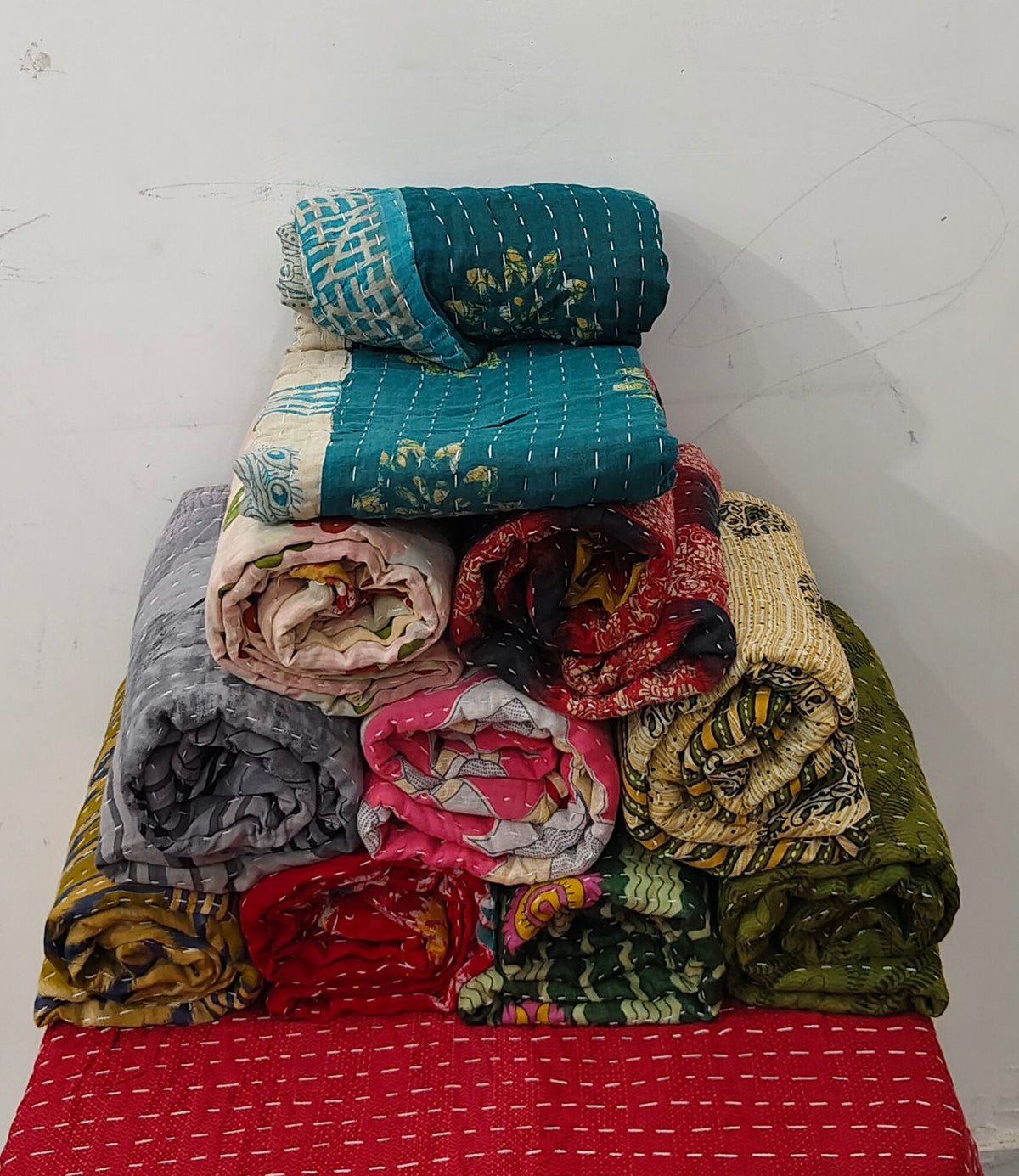 Vintage Indian Kantha Quilts 2 Layer Reversible | Wholesale Sustainable Handmade Cotton Bedsheet