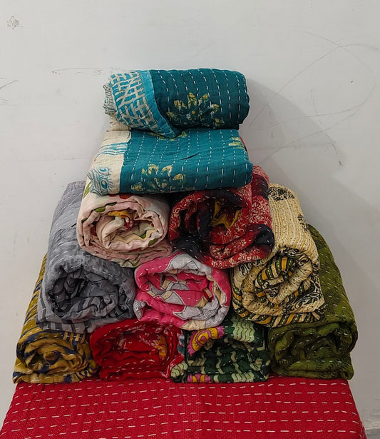 Wholesale Mix Lot 3 Layer Kantha Quilts, Reversible Vintage Indian Kantha Quilt, Cotton Bedsheet