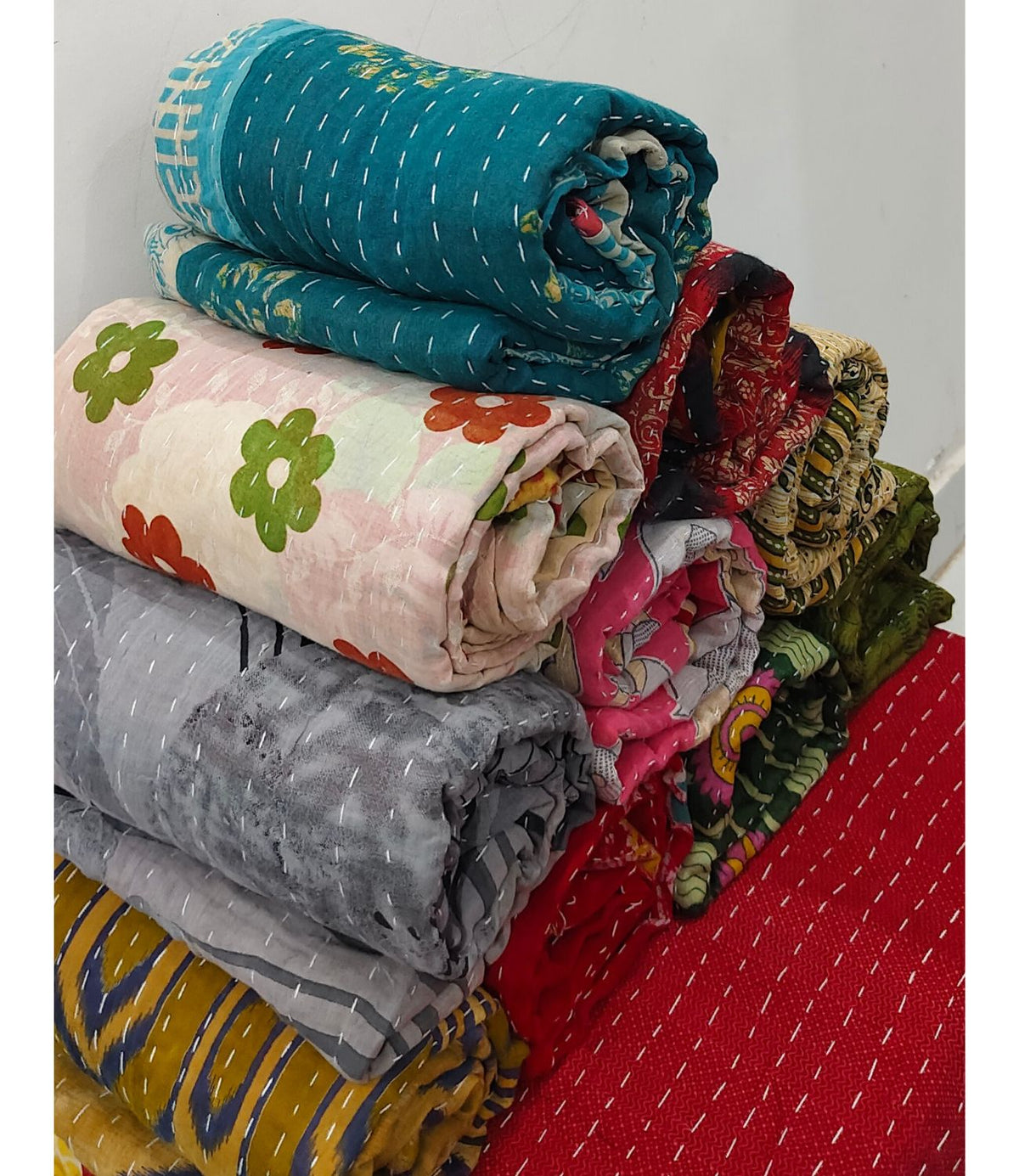 Vintage Indian Kantha Quilts 2 Layer Reversible | Wholesale Sustainable Handmade Cotton Bedsheet