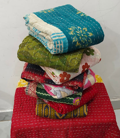 Vintage Indian Kantha Quilts 2 Layer Reversible | Wholesale Sustainable Handmade Cotton Bedsheet