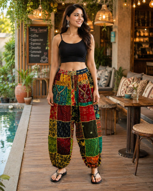 Women’s Cotton Patchwork Harem Pants, Boho Hippie Pants with Pockets, Random Assorted Colors