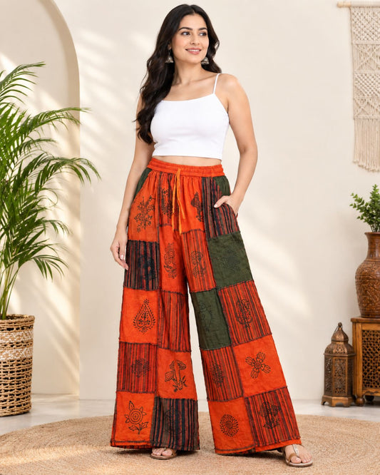 Women’s Cotton Harem Pants, Boho Hippie Patchwork Pants with Pockets, Wide Leg Yoga & Lounge Pants, Random Assorted Colors