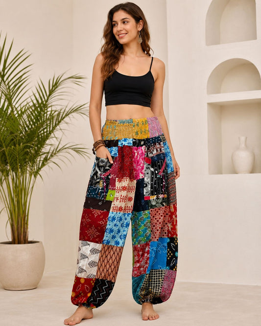 Women’s Patchwork Harem Pants, Cotton Boho Hippie Pants with Pockets, Random Assorted Colors