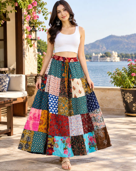 Women’s Cotton Patchwork Maxi Skirt Wholesale Mix Lot, Random Assorted Colors, Boho Long Tiered Skirt