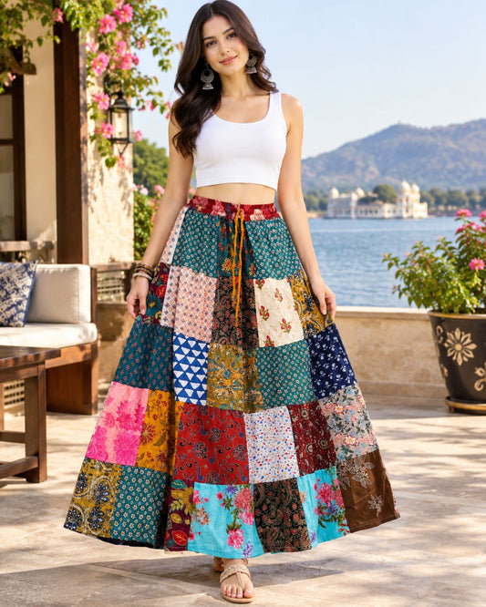 Women’s Cotton Patchwork Maxi Skirt Wholesale Mix Lot, Random Assorted Colors, Boho Long Tiered Skirt