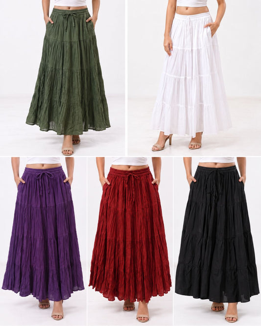 Casual Maxi Skirt Outfits Wholesale | High Waisted Flowy Cotton Skirts with Pocket Assorted Colors