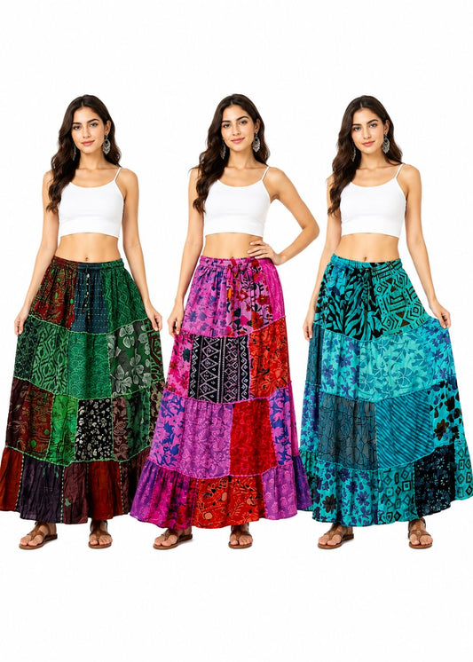 Women's Boho Patchwork Maxi Skirt | Long Rayon Skirt | Random Assorted Colors | Wholesale Lot