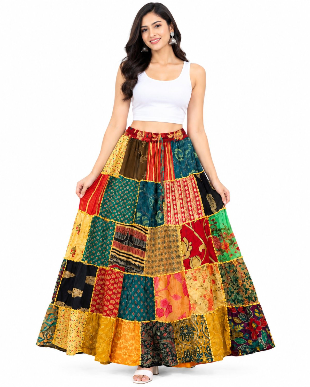 Women’s Boho Cotton Patchwork Skirt, Random Assorted Prints, Wholesale Mix Lot, Long Tiered Maxi Skirt